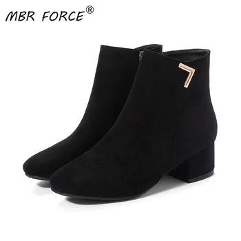 

MBR FORCE newAutumn and winter ladies fashion zipper style casual retro pointed cow suede square toe 5cm high heels ankle boots