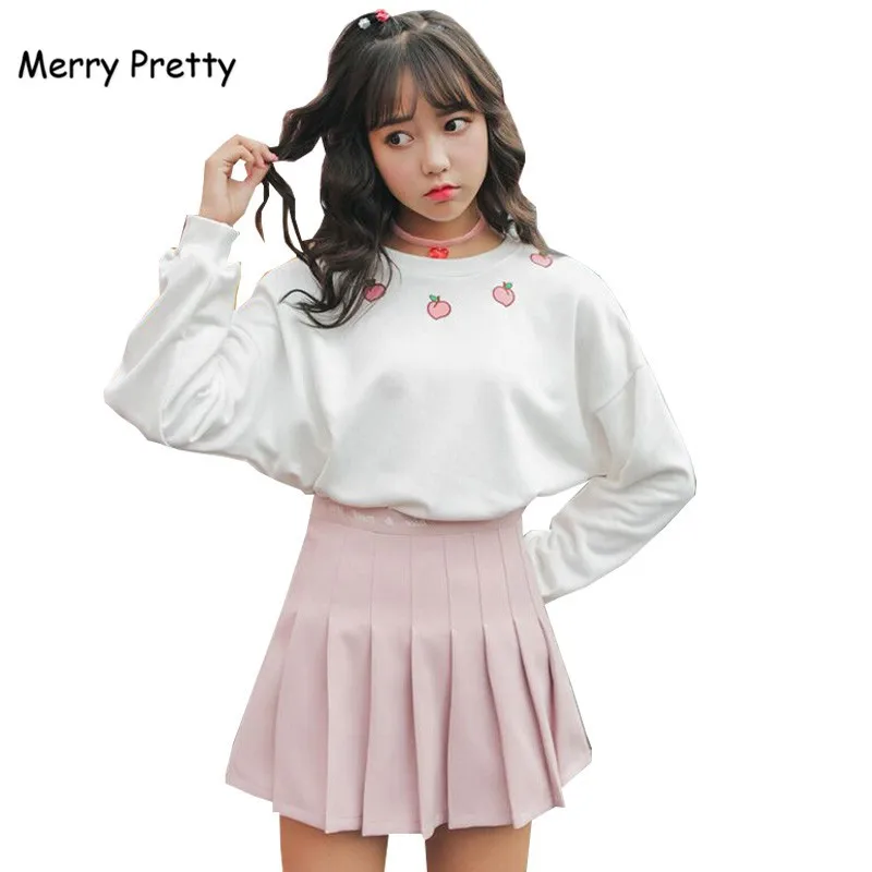 Merry Pretty/Осенняя Толстовка Harajuku с капюшоном для женщин, длинный рукав, хлопок, милая толстовка, персиковая вышивка, для девочек, белые толстовки, пуловеры