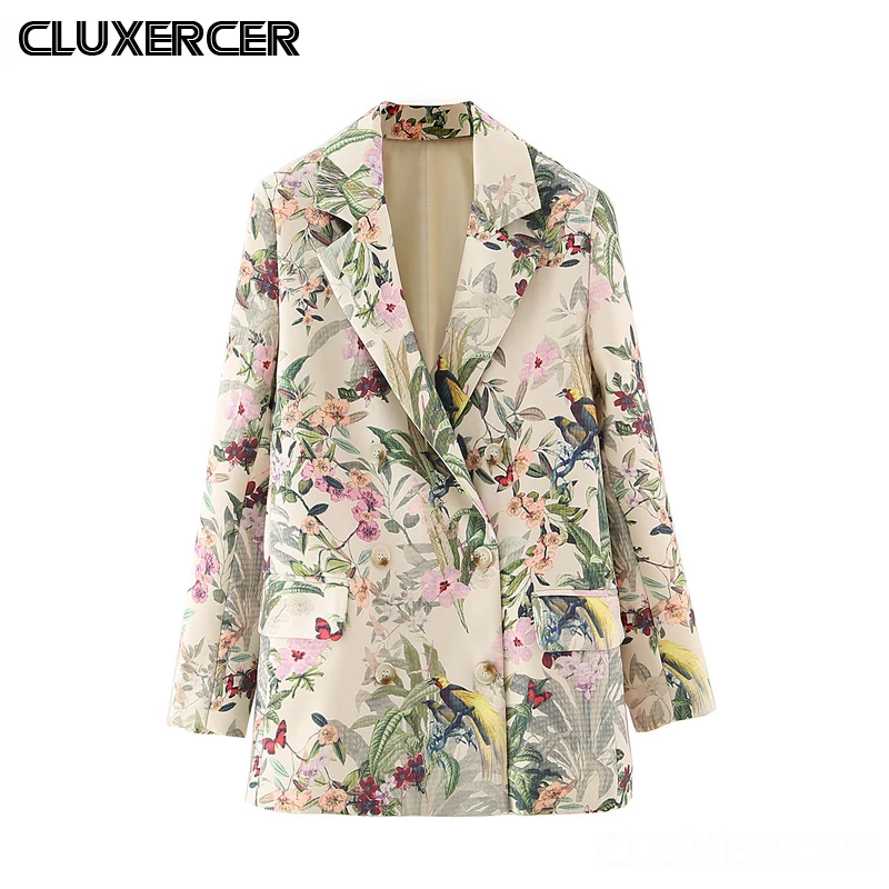 

2020 Spring Autumn Print Blazer Jacket Women ELegant Double Breasted Long Sleeved Suit Coat
