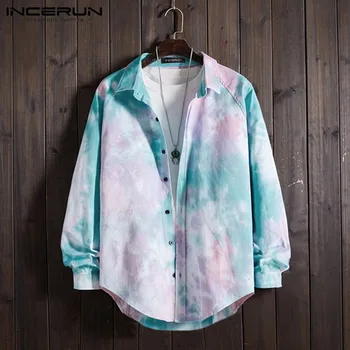

INCERUN Men Shirt Tie-dye Gradient Harajuku Long Sleeve Lapel Blouse Vacation Button Loose Retro Fashion Men Casual Shirts S-5XL