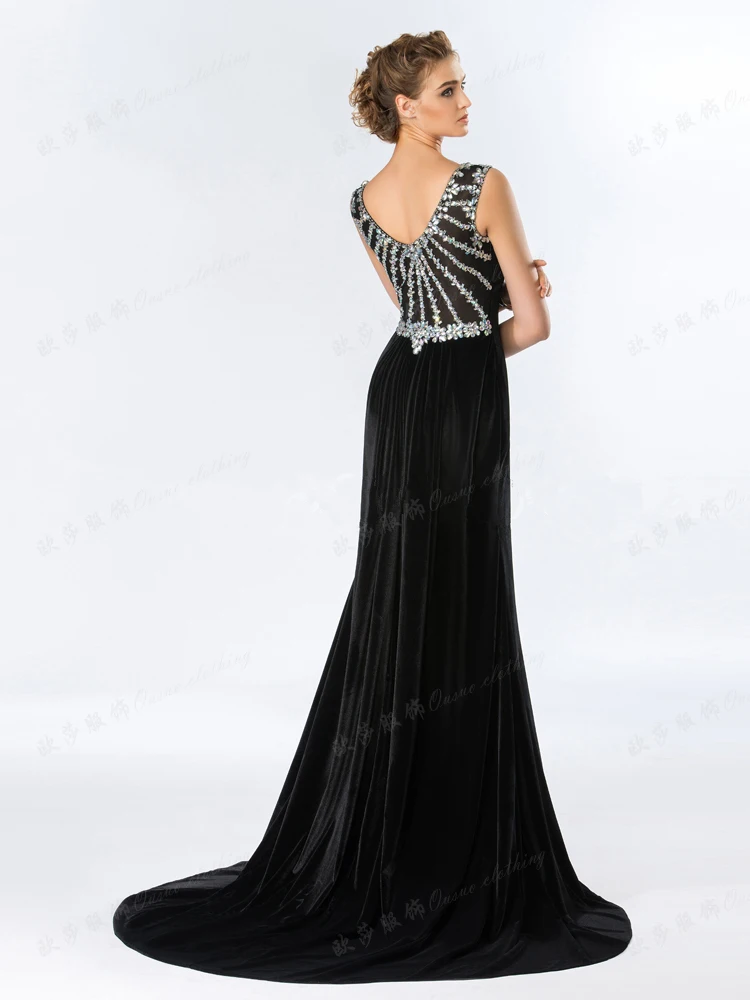 vestido de festa sexy High split black sleeveless velour long evening robe de soiree vestido longo mother of the bride dresses