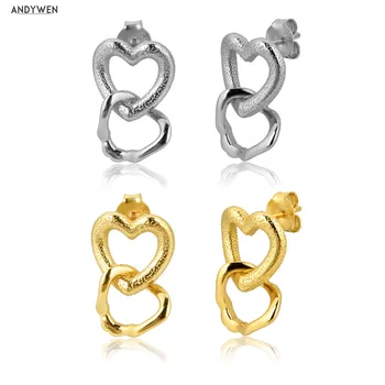 

ANDYWEN 925 Sterling Silver Gold Double Heart Stud Earring Women Fashion Party Luxury Love Jewelry Gift Valentiens Gift
