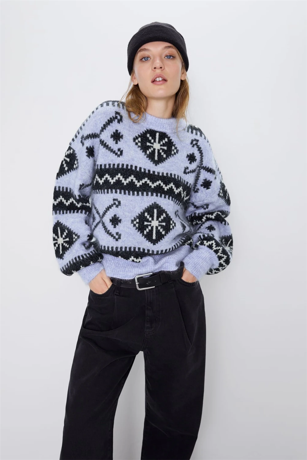 ZA женский вязаный свитер, модный зимний жаккардовый свитер с бриллиантами, богемный свободный свитер с длинным рукавом и круглым воротником, вечерние свитера