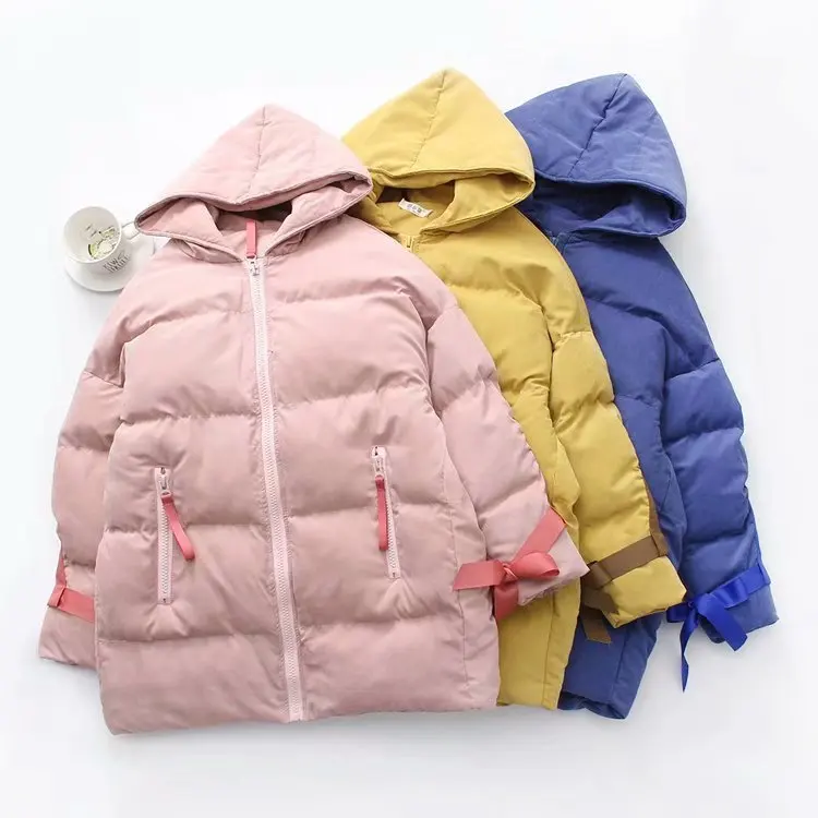 

Korean-style Fall And Winter Clothes New Style Ribbon down Feather Cotton Jacket Hooded Loose And Plus-sized Mid-length Cotton-p