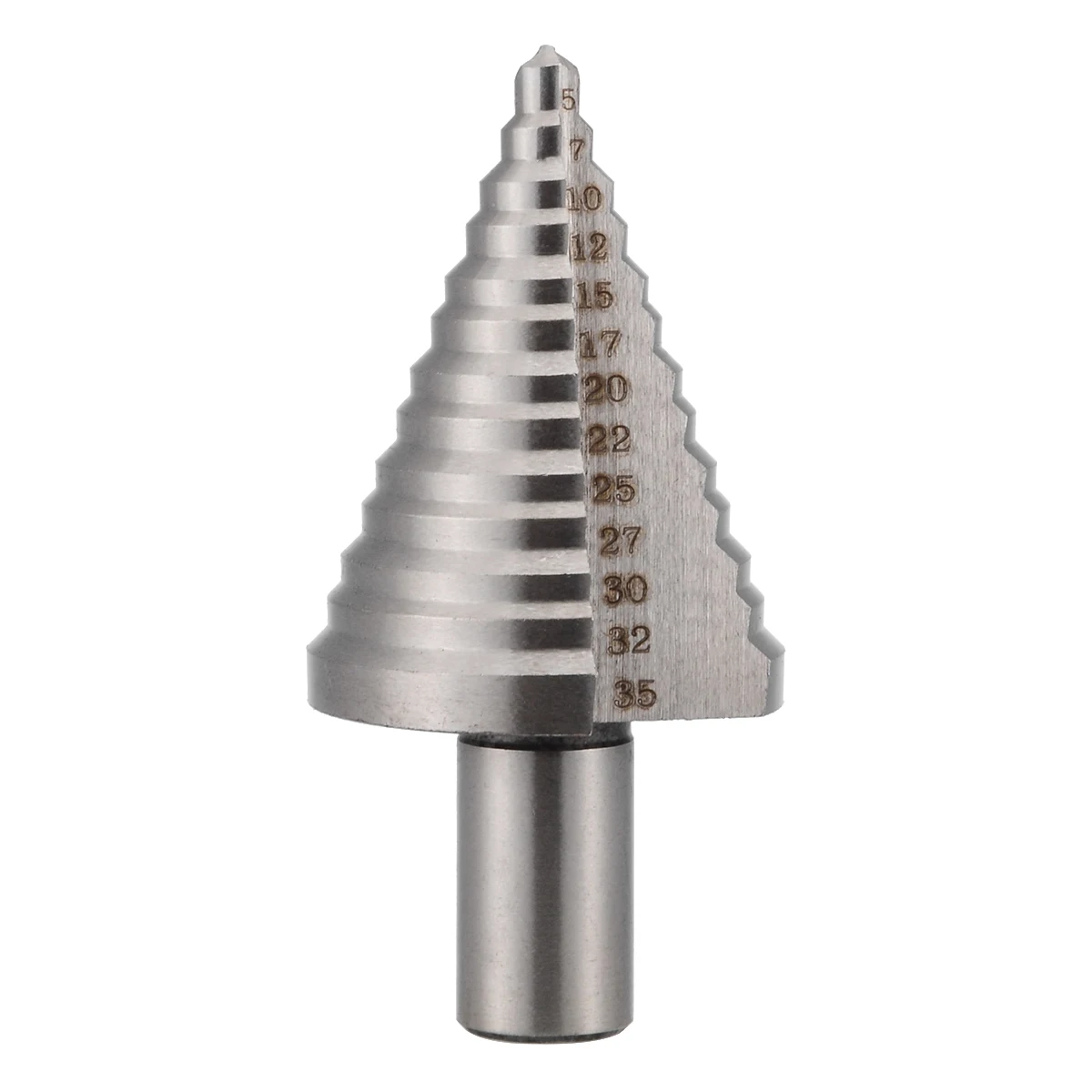 1pc HSS Step Cone Drill Bit Triangle Round Shank Spiral Grooved Wood Hole Cutter 5/7/10/12/15/17/20/22/25/27/30/32/35mm
