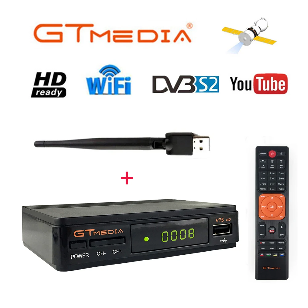 

Hot sale GT media V7S HD full HD satellite receiver 1080P built-in USB Wifi 64M bits Serial Flash+ one year free European cccam