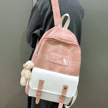 

Student Female Cute Backpack Linen Women Fashion School Bag Harajuku Girl Kawaii Backpack Canvas Lattice Ladies Bag Doll Pendant