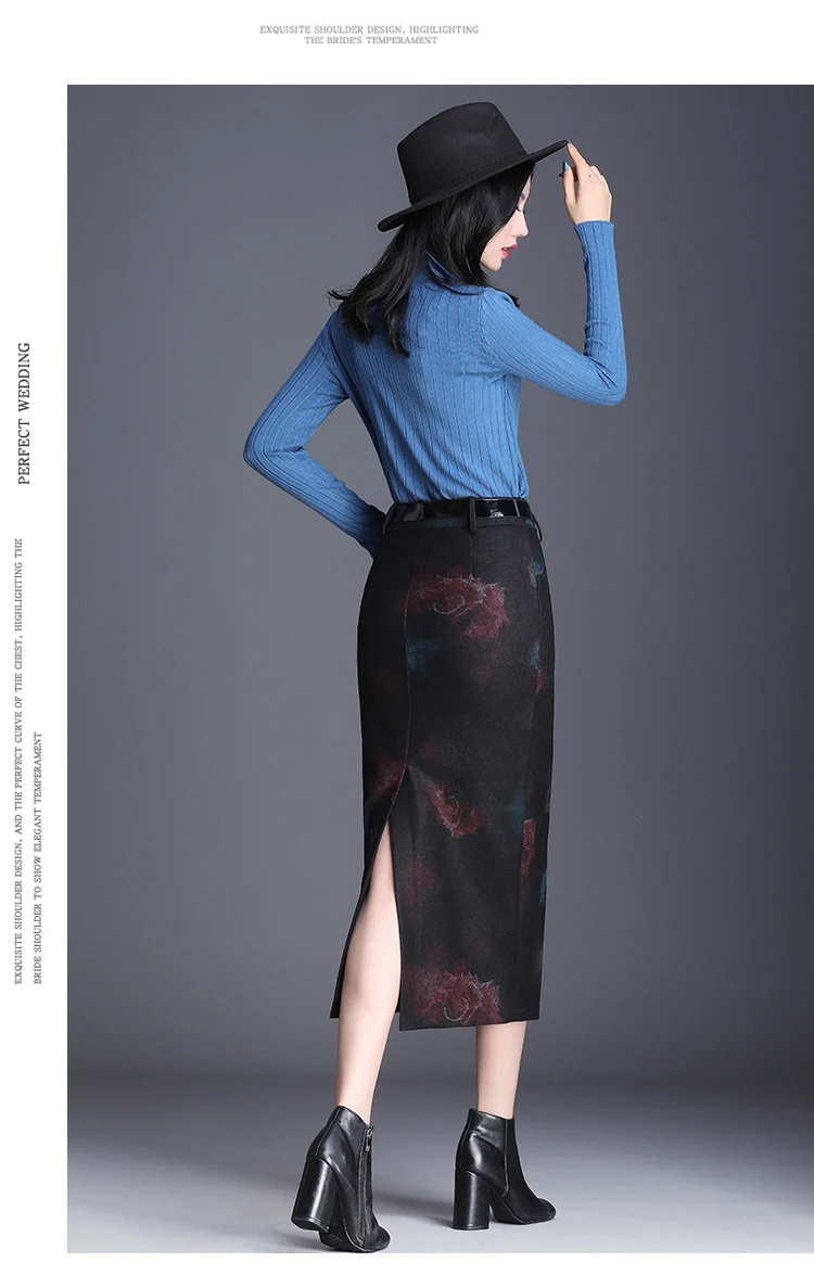 Зимняя шерстяная юбка-карандаш с высокой талией для женщин осень зима размера плюс винтажная сексуальная Длинная женская юбка с разрезом 3XL 4XL