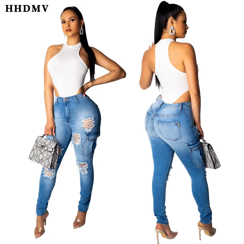 HHDMV GHSF12018 новые модные уличные стильные длинные джинсовые брючные пуговицы рваные карманы узкие джинсовые длинные брюки - Цвет: Синий