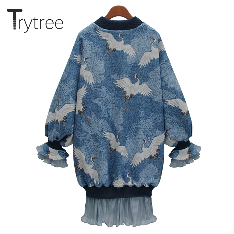 Trytree осенне-зимнее женское Повседневное платье с круглым вырезом и рукавом-бабочкой в стиле пэчворк с оборками модное мини свободное офисное женское платье-толстовка
