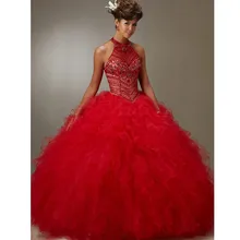 Красный Бальные платья бальное платье Холтер органза оборки бисером кристаллы дешевые милые 16 платья