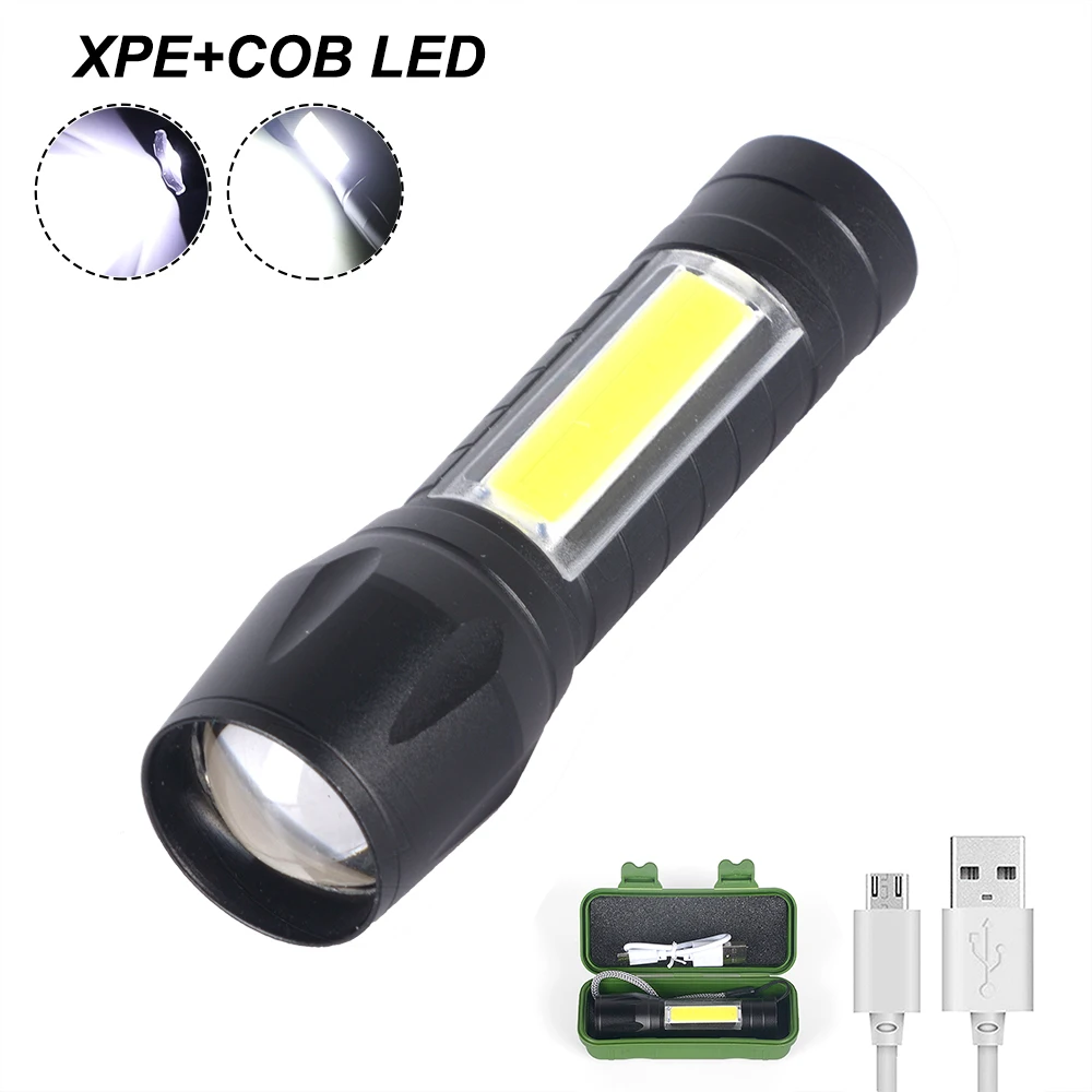 XPE COB Встроенный аккумулятор мощный флэш-светильник светодиодный флэш-светильник Масштабируемые тактические фонари лампа+ USB кабель+ коробка