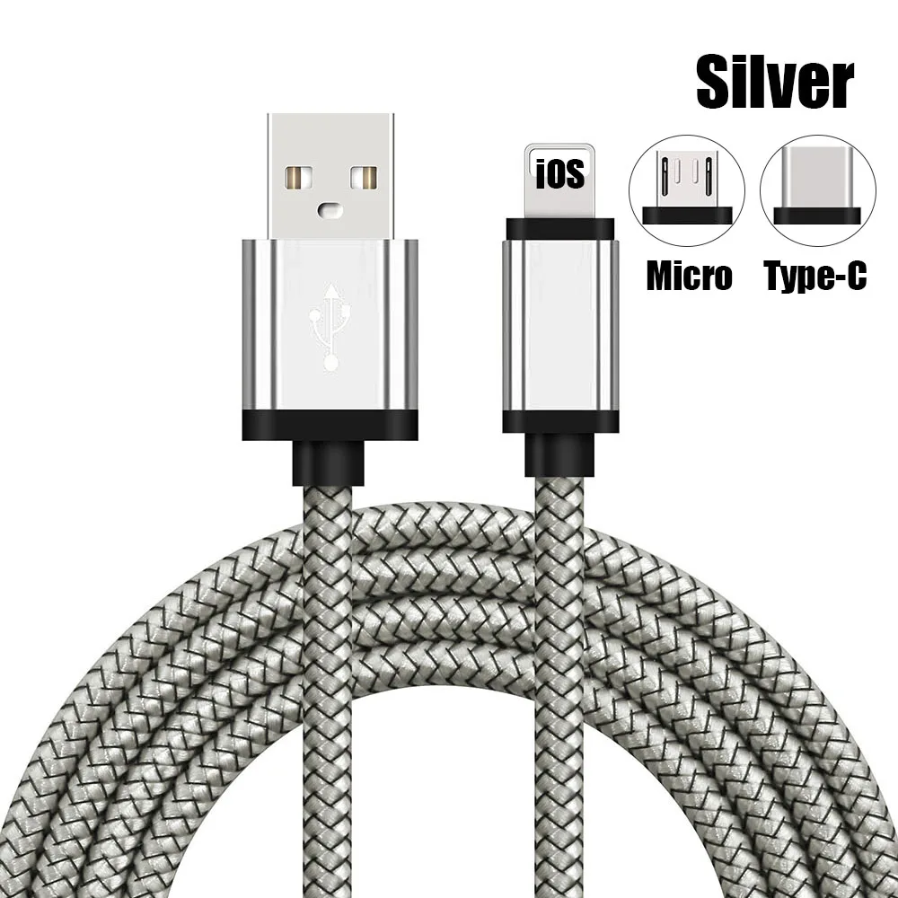 Silver iOS Cable 1 м/2 м/3 м плетение зарядный кабель Micro USB/type-C/iOS Синхронизация данных Шнур для iPhone 8 7 6 Plus 5 для samsung S8 S7 S6 Note 5 4 лот - Цвет: Silver iOS Cable