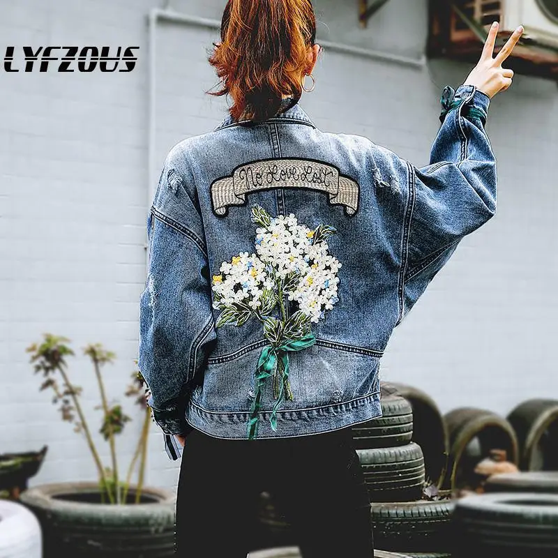 2020 Fashion Embroidery Flowers Denim Coat Female Loose Jeans Jacket Women Streetwear Outwear Large Sizes Jaqueta | Женская одежда