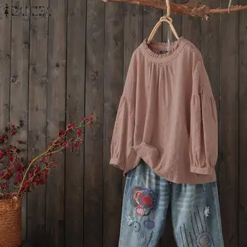 

ZANZEA Women Cotton Linen Blouse Spring Long Sleeve Solid Tops Female Ruffles Blusas Loose Casual Shirt Plus Size Chemise Mujer