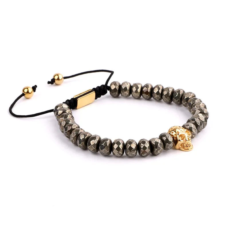 New Fashion Male Skull Bracelet Stainless Steel Skeleton Charm Hematite Pyrite Stone Friendship Bracelet Men Bangle Gift