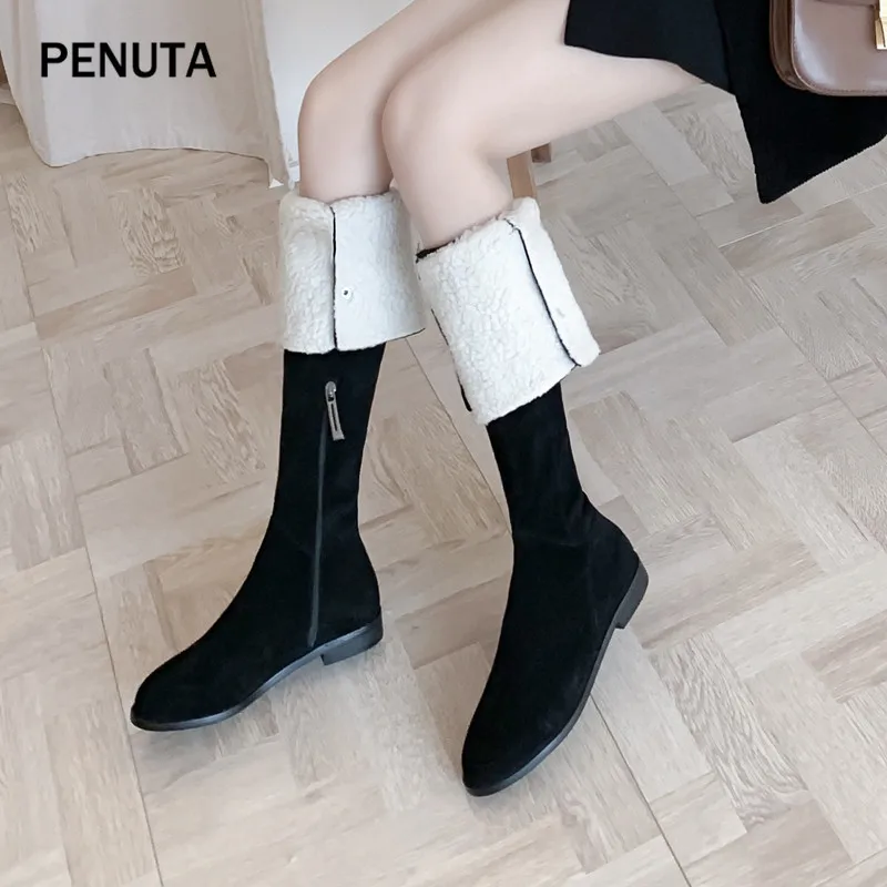 PENUTA/Сапоги выше колена; зимние женские замшевые теплые высокие ботинки на плоской подошве в Корейском стиле; модные высокие сапоги; PB904