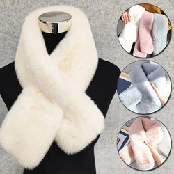 Women's Winter Elegant Warm Thicken Scarves Solid Color Faux Rabbit Fur Cross Collar Scarf Shawl Soft Comfortable Christmas Gift