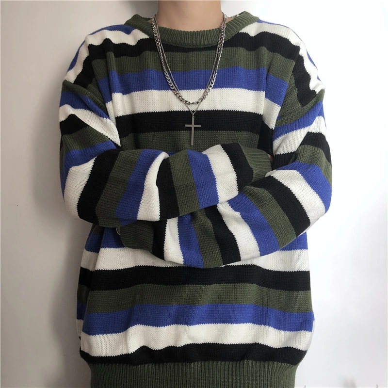 Winter Striped Sweater Men Warm Fashion Contrast Color Casual Knit Sweaters Man Sweter Clothes Loose Long-sleeved Pullover Men