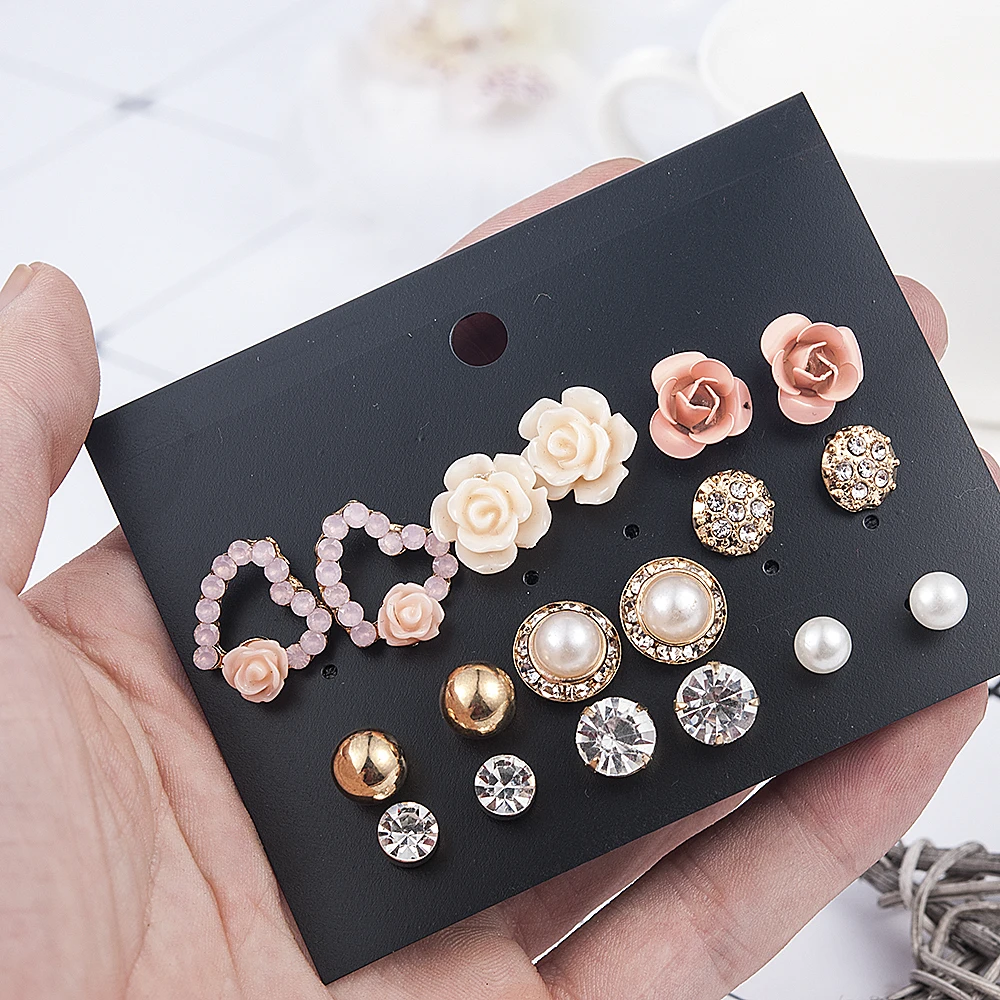 2019 New Fashion Women 9pair/set Flower Pearl Alloy Ear Earring Cute Crystal Wedding Jewelry Gifts For Girl korean fashion