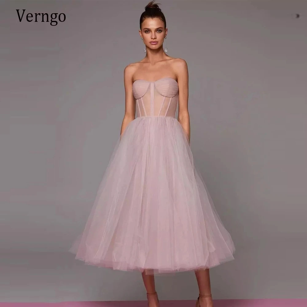 

Verngo Simple A Line Dusty Pink/Lavender/Navy Blue Tulle Prom Dresses Short Sweetheart Sheer Boning Tea Length Formal Party Gown