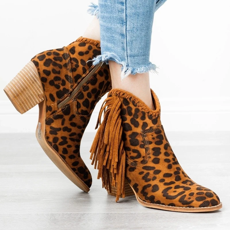 Ботильоны; ботинки с кисточками; женские ботинки с леопардовым принтом на каблуке; короткие ботинки на молнии; Zapatos De Mujer; Женская Удобная Обувь на низком каблуке - Цвет: Leopard