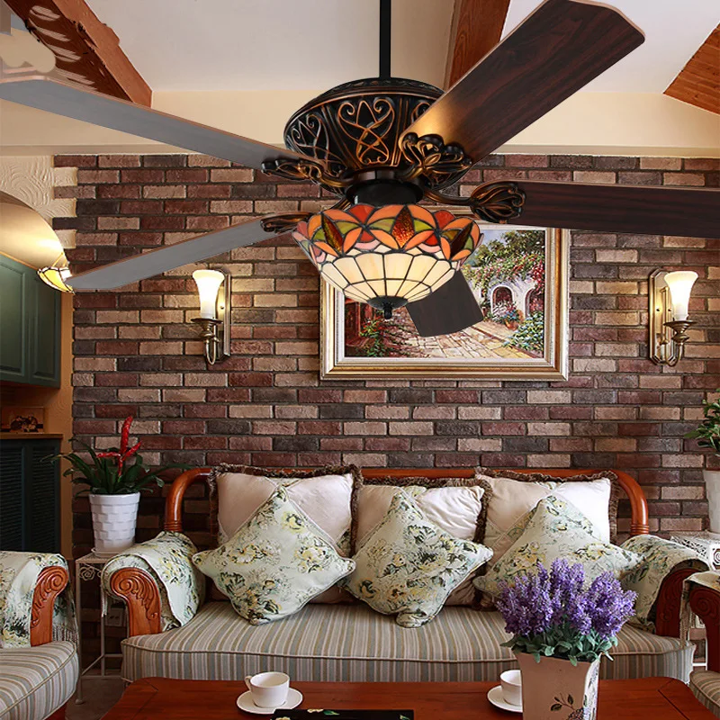 LED Ceiling Fan Light Tiffany Jane Wooden Leaf Living Room Decoration Fans with Lights | Лампы и освещение