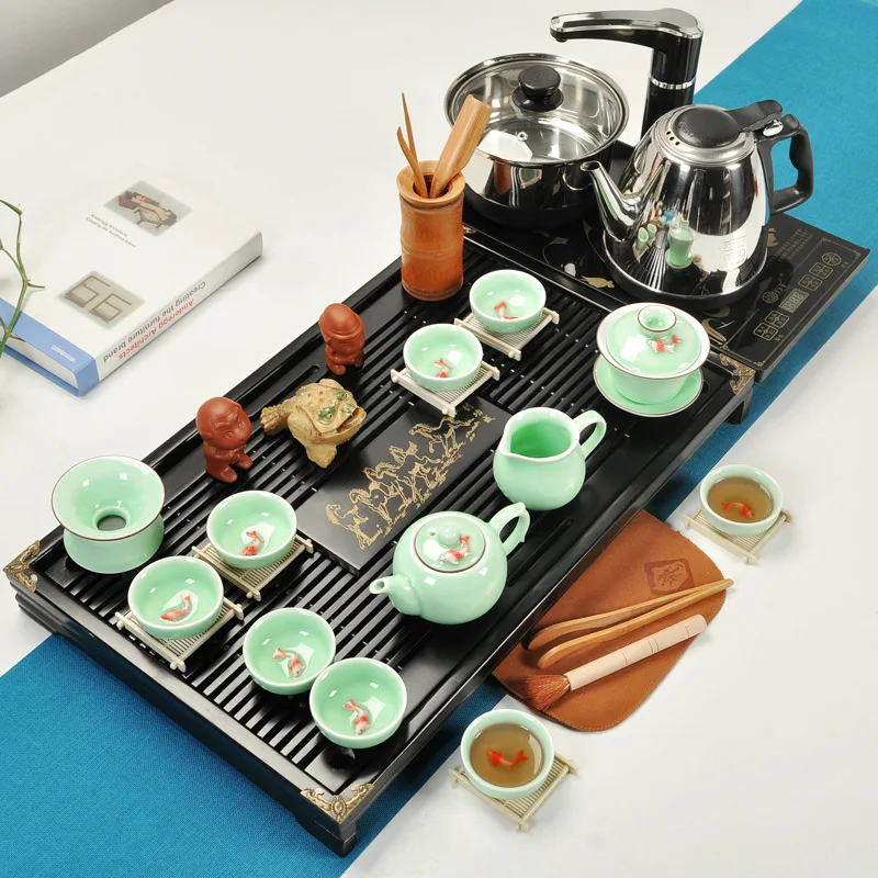 

Tea Set Four-in-One Quick Oven Whole Set Ceramic Kung Fu Tea Set Solid Wood Tea Tray Crafts