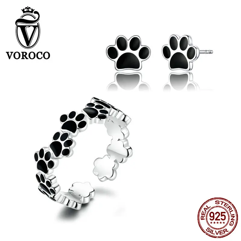 Voroco настоящий комплект ювелирных изделий из 925 пробы серебра с черной эмалью в виде собачьей лапы, серьги и кольцо для женщин, хорошее ювелирное изделие, юбилей ZBS163