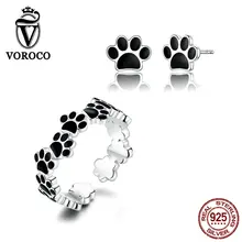 Voroco настоящий комплект ювелирных изделий из 925 пробы серебра с черной эмалью в виде собачьей лапы, серьги и кольцо для женщин, хорошее ювелирное изделие, юбилей ZBS163