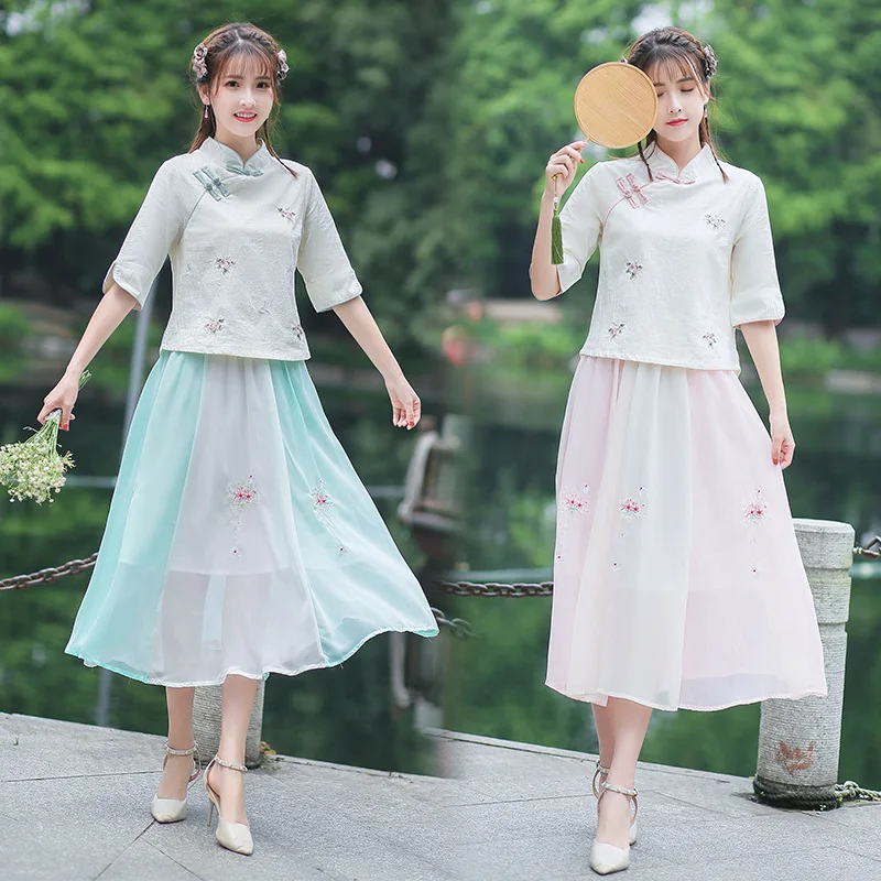 

Summer New Style Ethnic-Style Cotton Linen Embroidery Frog WOMEN'S Suit Tops + Mixed Colors Embroidery Skirt
