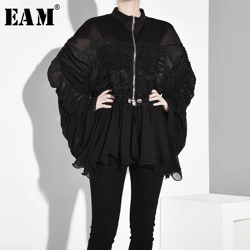 [EAM] Женская плиссированная блузка на завязках со стойкой и длинным рукавом, свободная Модная рубашка Весна-Осень 1A8760