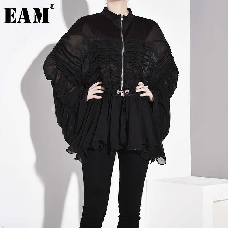 

[EAM] Women Drawstring Pleated Perspective Spliced Blouse Stand Long Sleeve Loose Fit Shirt Fashion Spring Autumn 2019 1A8760