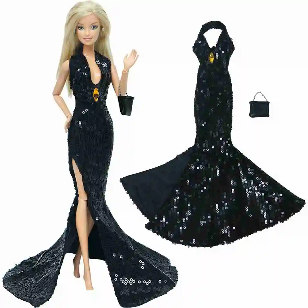 Black Party Dress For 11.5" Doll Clothes Long Tail Evening Gown Clothes & Veil 