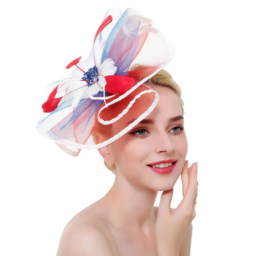 

New 2019 Hot Sales Net Feather Mesh Fascinator Big Flower Headband Clip Wedding Bridal Women Tea Party Church Hat