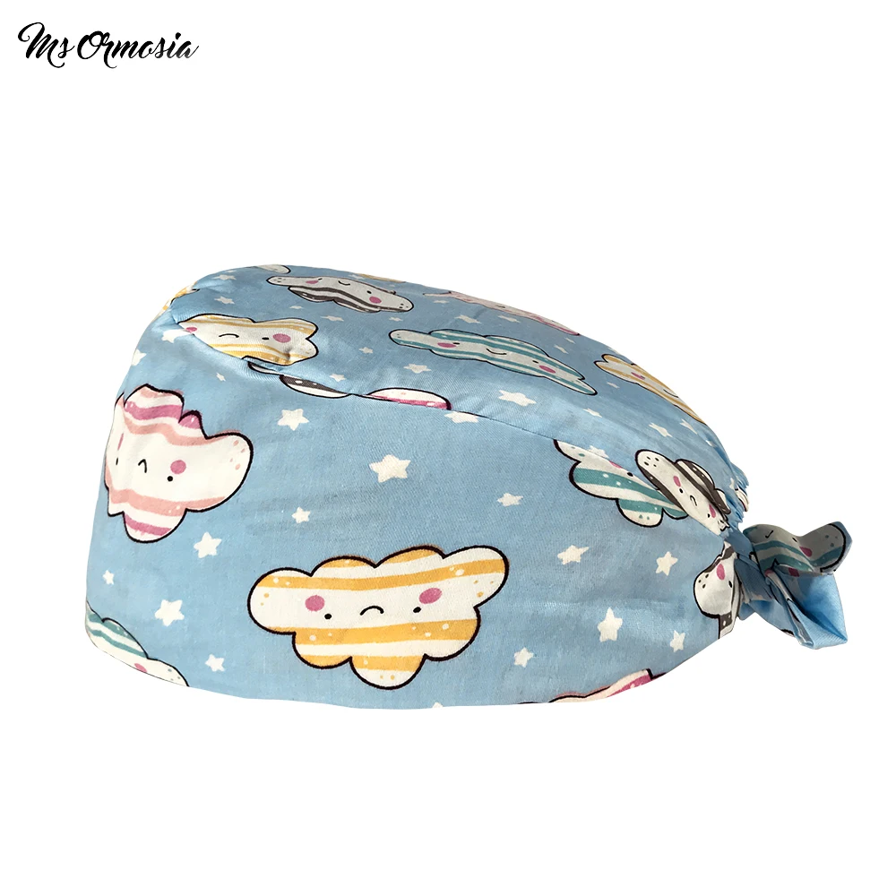 

Essential accessories laboratory Tail cap Refreshing Comfortable cartoon print Blue smiley cloud work scrub hat summer scrub cap