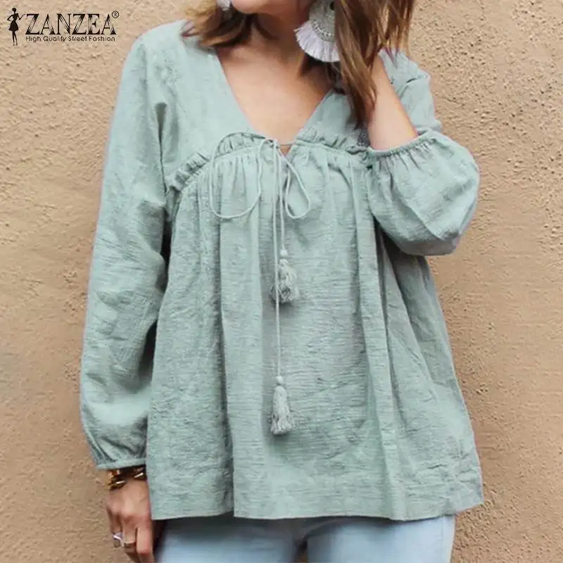 

2019 Plus Size ZANZEA Autumn Blouse Women Solid V Neck Long Sleeve Vintage Cotton Ruffles Shirt Tunic Tops Female Blusas Chemise
