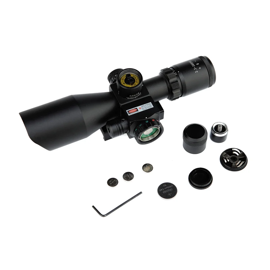 Tactical 2.5-10x40 Red& Green Dot Illuminated Reticle Riflescope Hunting Scope with Red Laser Sight, 20mm / 11mm Rail Mount