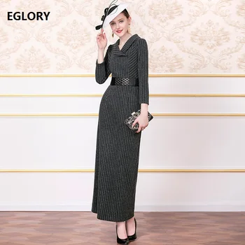 

High Quality New 2019 Autumn Winter Long Sweater Dress Women Turn-down Collar Striped Patterns Long Sleeve Knitted Dress Grey