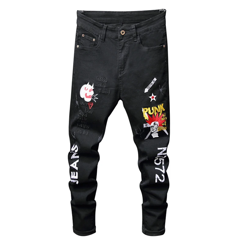 Men's skull letters embroidered black ripped jeans Trendy streetwear slim stretch denim pants Men's skull letters embroidered black ripped jeans Trendy streetwear slim stretch denim pants