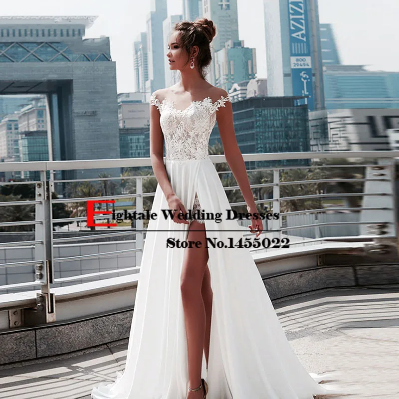 Eightale винтажные свадебные платья, пляжные кружевные богемные Свадебные платья с аппликацией и коротким рукавом, шифоновое простое платье невесты - Цвет: Белый