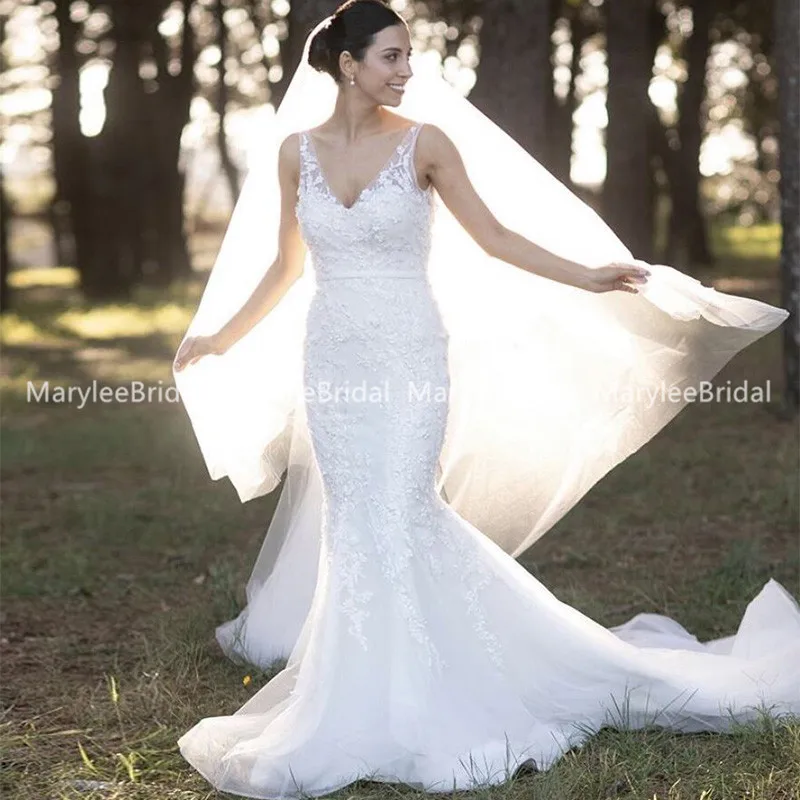 Vestido De Noiva Русалка v-образный Вырез свадебные платья Топ белая аппликация из кружева свадебное платье по индивидуальному заказу халат De Mariee Часовня Поезд
