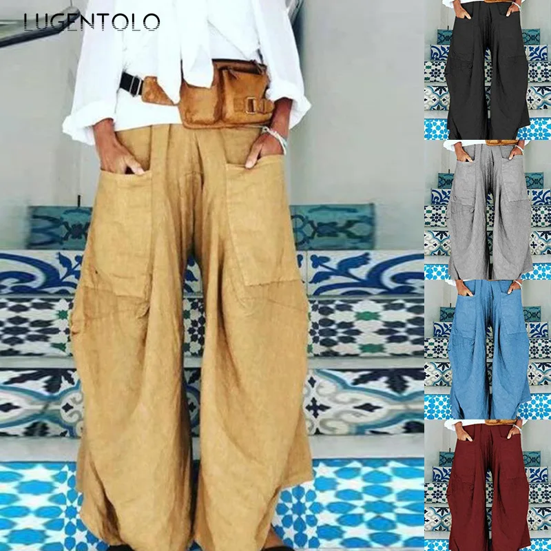 Lugentolo Woman Pants Fashion New Outdoor Sports Big Pocket Irregular Wide Leg Casual Wild Overalls S-5XL | Женская одежда
