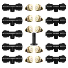 

NEW 1/4'' 10/24 UNC Slip-Lok Misting Nozzle Tees + 20pcs Brass Misting Nozzles + 1pc End Plug for Cooling System Garden Misting