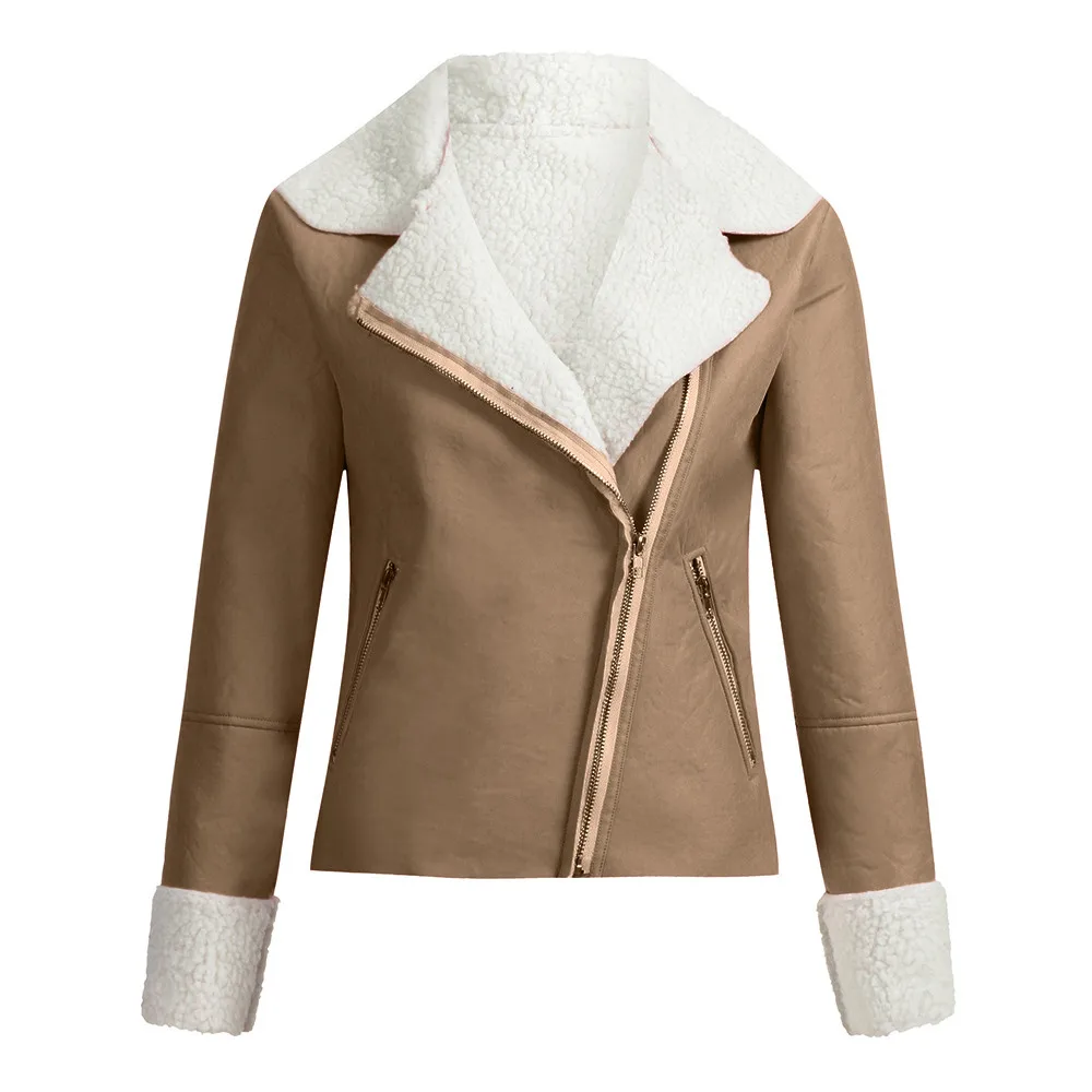 Женская укороченная куртка, зимняя, толстая, теплая, с отворотом, замша, из искусственной кожи, овечья шерсть, с пряжкой, короткая куртка, искусственный мех, мотоциклетные женские куртки, пальто