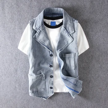 

Fashion Streetwear Men Vest Retro Blue Wash Vintage Designer Denim Vest Suit Coats British Gentlemen Sleeveless Jackets Hombre