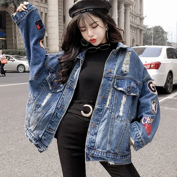 

Autumn Loose Jacket Women Denim Coats Streetwear Jeans Jacket Coat Punk Style Ladies Letter Embroidery Large Casaco Feminino