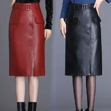 Весенние/осенние женские юбки из искусственной кожи с высокой талией, облегающие европейские Юбки До Колена