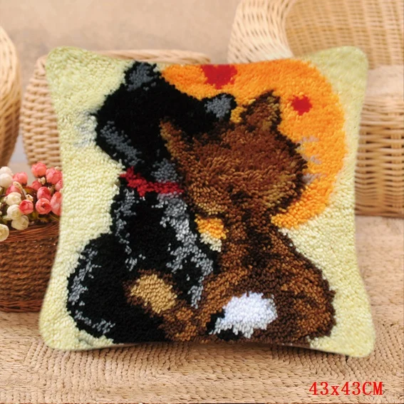 Three Cats Latch Hook Pillow Smyrna For Flowers Carpet Embroidery Cushion Button Package Latch Hook Kits Do-It-Yourself Carpets