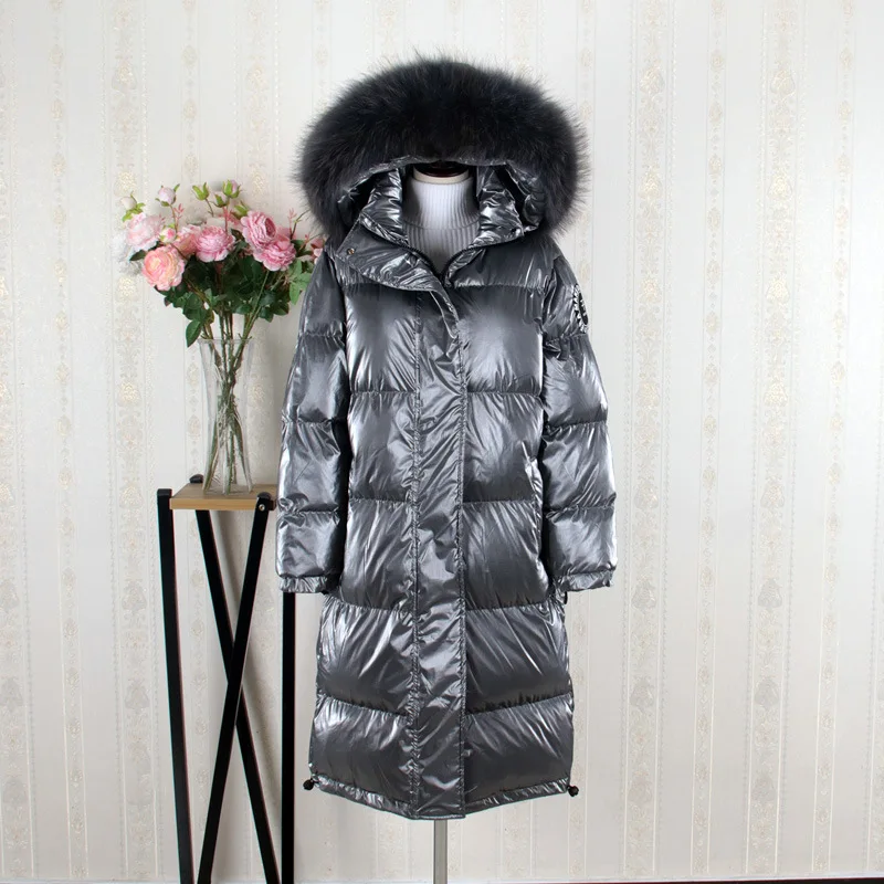 Silver 2 Настоящий натуральный мех, новинка, зимняя куртка для женщин, длинный белый пуховик на утином пуху, Женская Повседневная отстегивающаяся шапка, глянцевая парка - Цвет: Silver 2